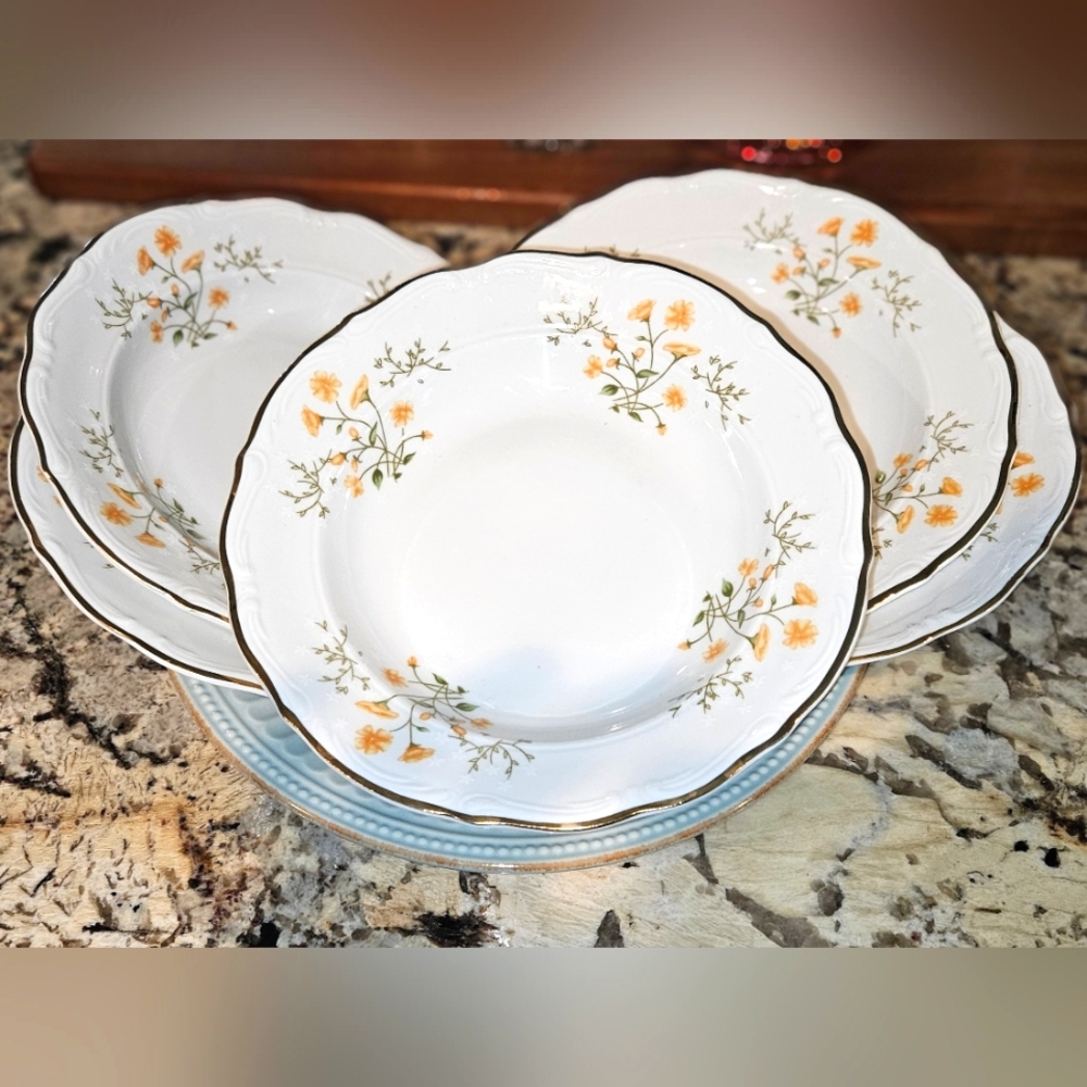 Vintage Set Of 5 Made In Poland Orange Floral Gold Trim 8" Bowls
